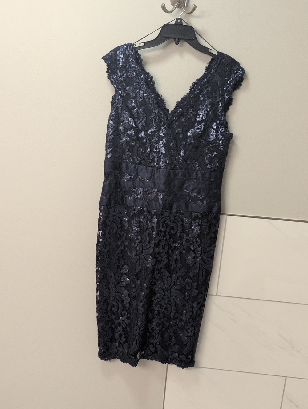 Adrianna Papell Navy Sequin Lace V-Neck Midi Dress